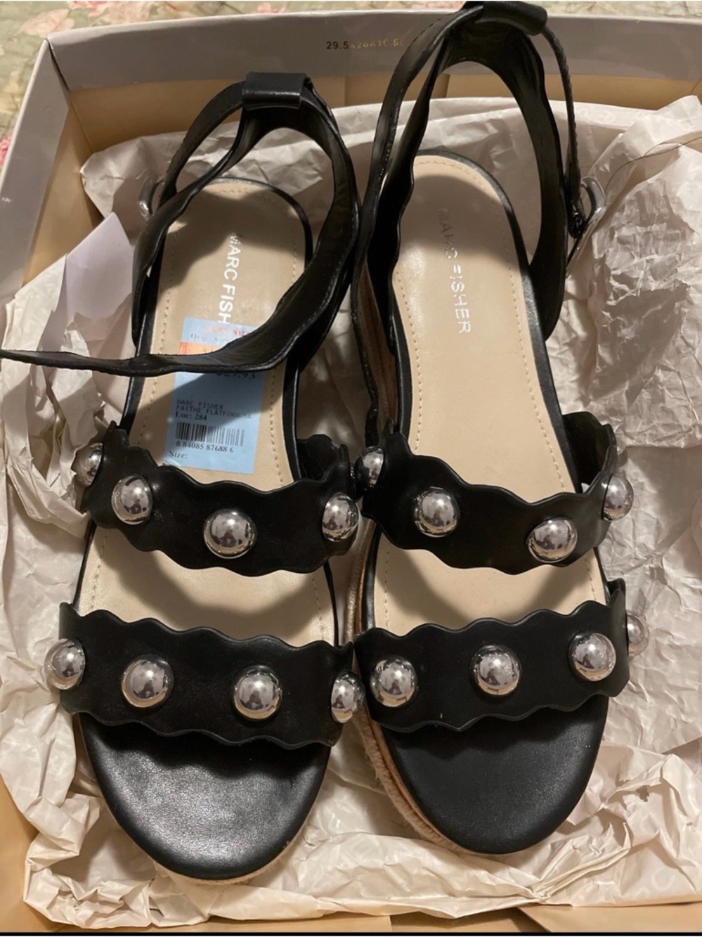 Marc Fisher Black Studded Scallop-Strap Sandals
